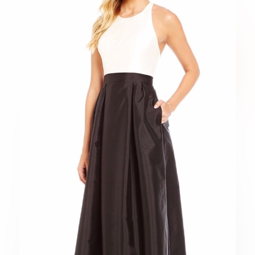 Adrianna Papell Ivory Black Sleeveless Taffta Gown With Pockets Size 4 NWT